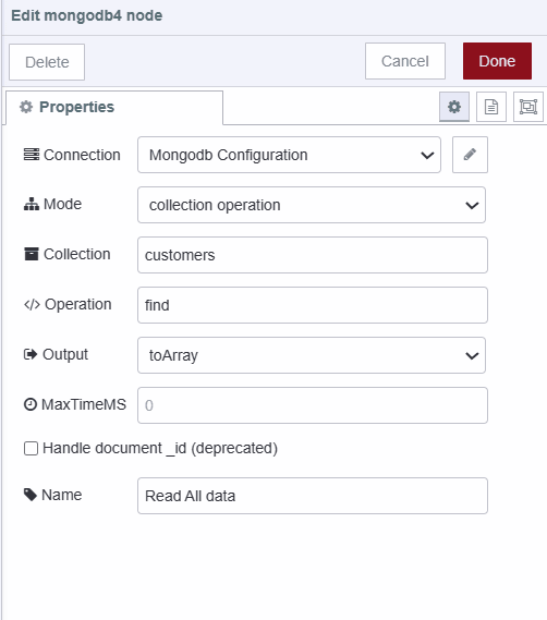 Screenshot displaying configuration of MongoDB 4 node for retrieving data "Screenshot displaying configuration of MongoDB 4 node for retrieving data"