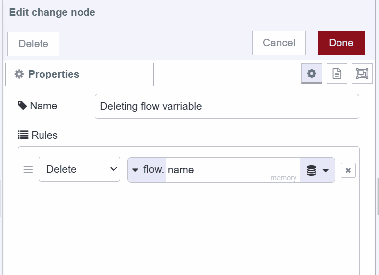Screenshot showing how to delete flow variable using the change node "Screenshot showing how to delete flow variable using the change node"